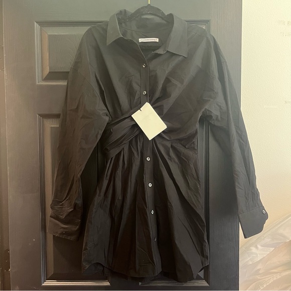 Alexander Wang Threaded Ruched Cotton Shirt Dress in Black, Size 8, NWT - Picture 2 of 6